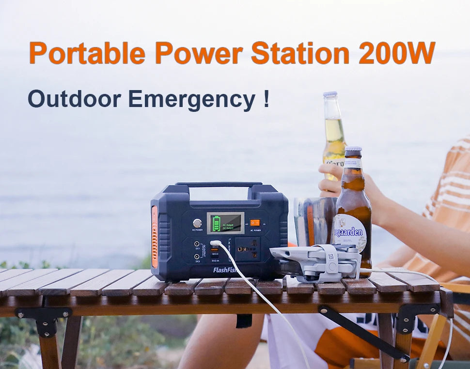 FF Flashfish E200, Portable power station for camping and emergencies, providing a 151Wh backup battery with pure sine wave AC output.