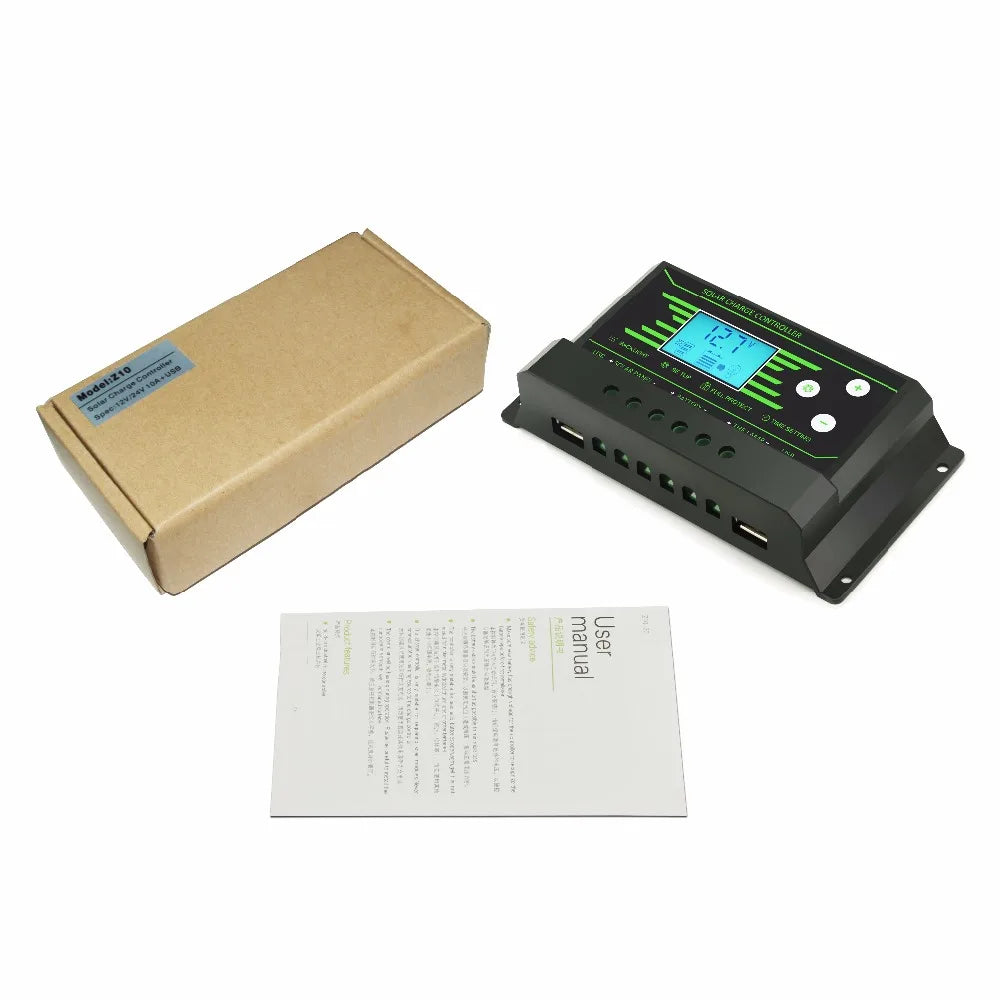 Solar controller with LCD display, USB output, and protection features for Z10, Z20, and Z30 models.