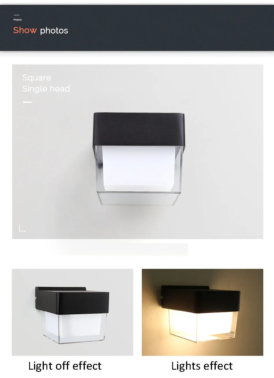 Led Wall Light, Features a square single-head light with a warm glow effect.