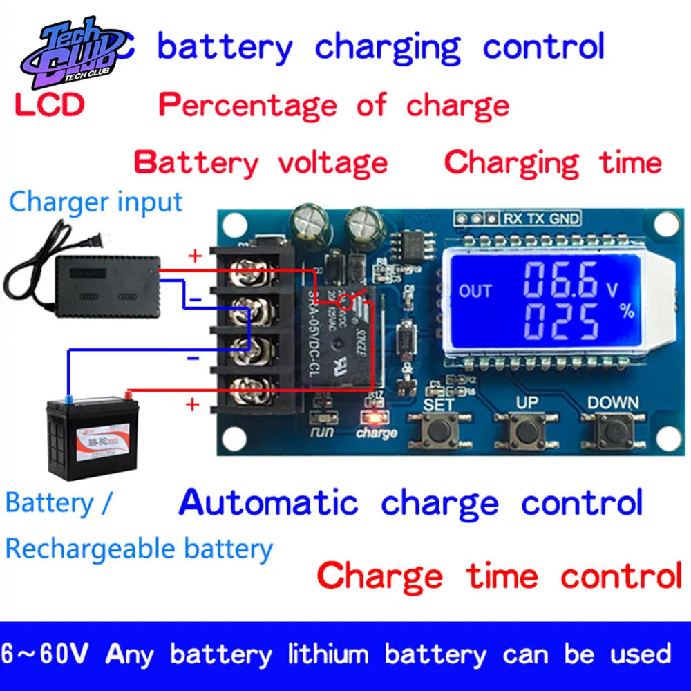 Monitor battery charge, voltage, and charging time with this LCD display module.