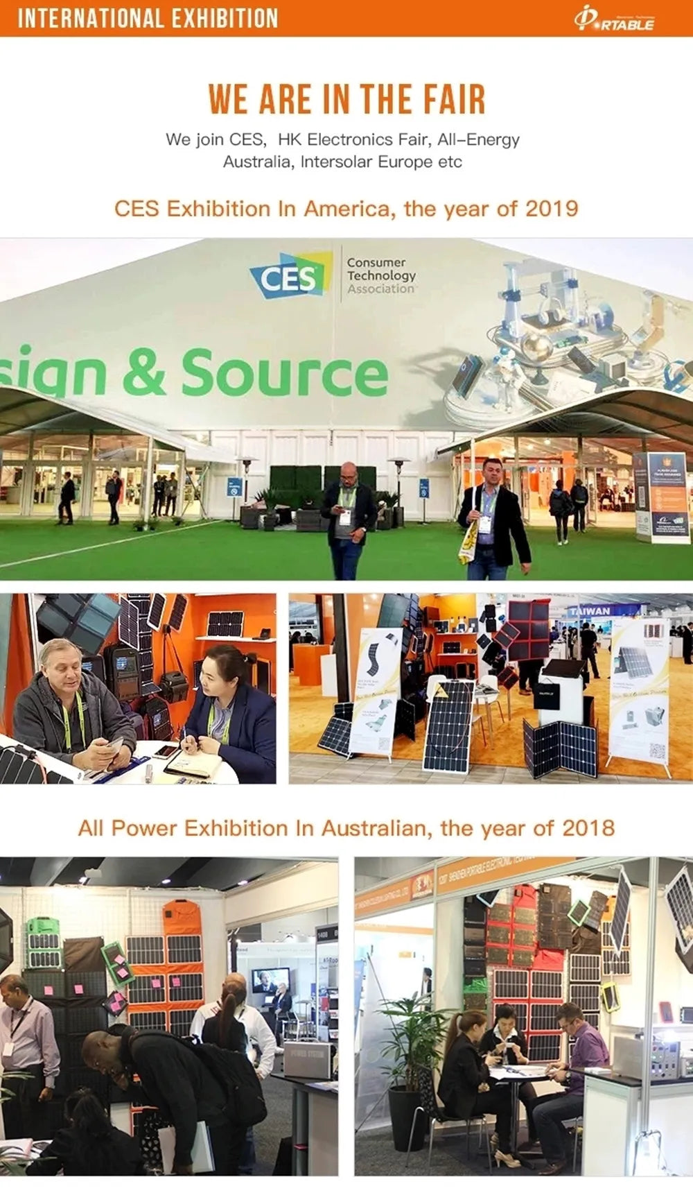 Solar Panel, International exhibitions featuring innovative and high-quality products at CES, HK Electronics Fair, All-Energy Australia, and Intersolar Europe.