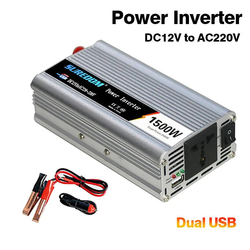 DC-to-AC Power Inverter with dual USB ports for charging devices on-the-go.