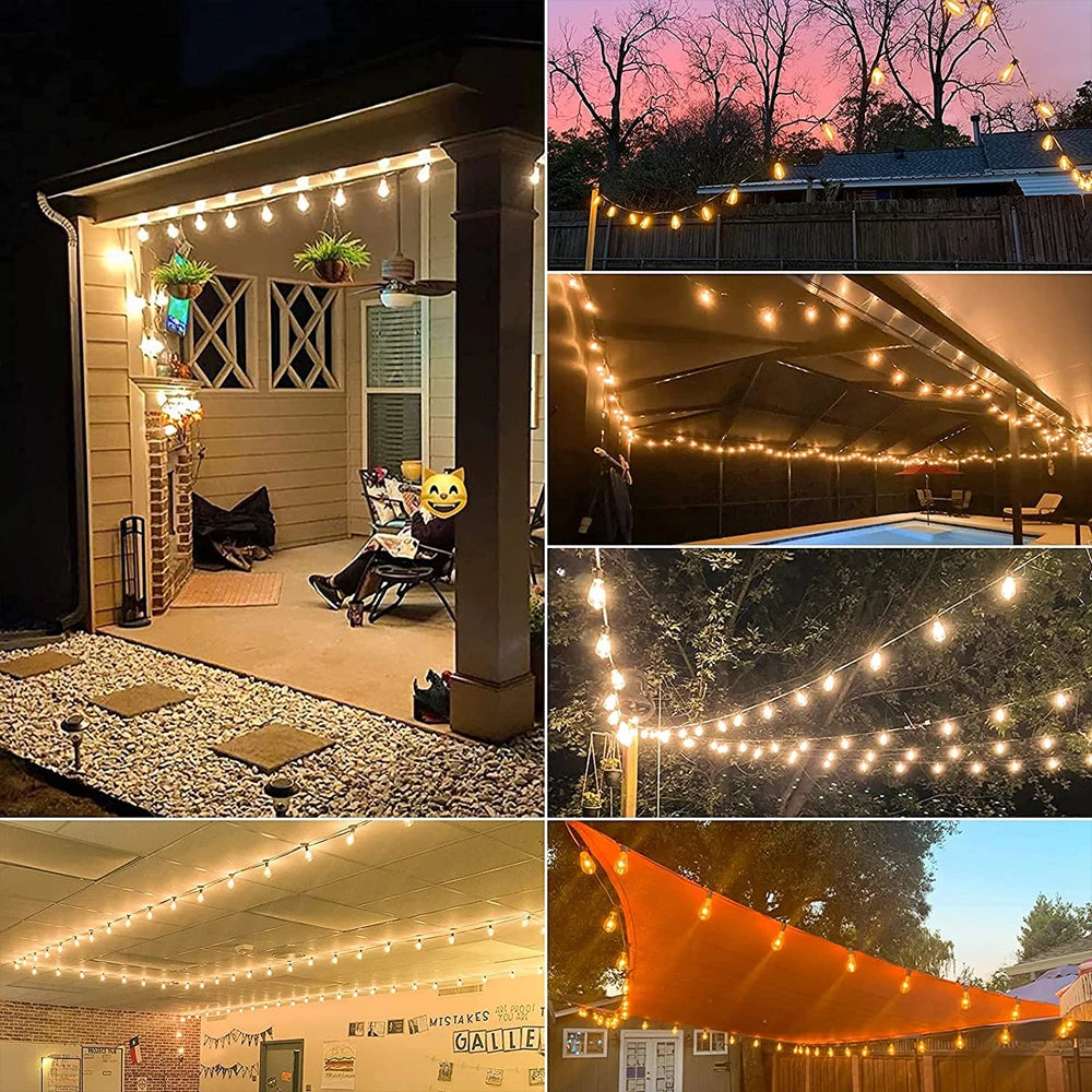 LED Solar String Light, Bulb strings connect with hooks or wires for linear or fan-shaped arrangements.