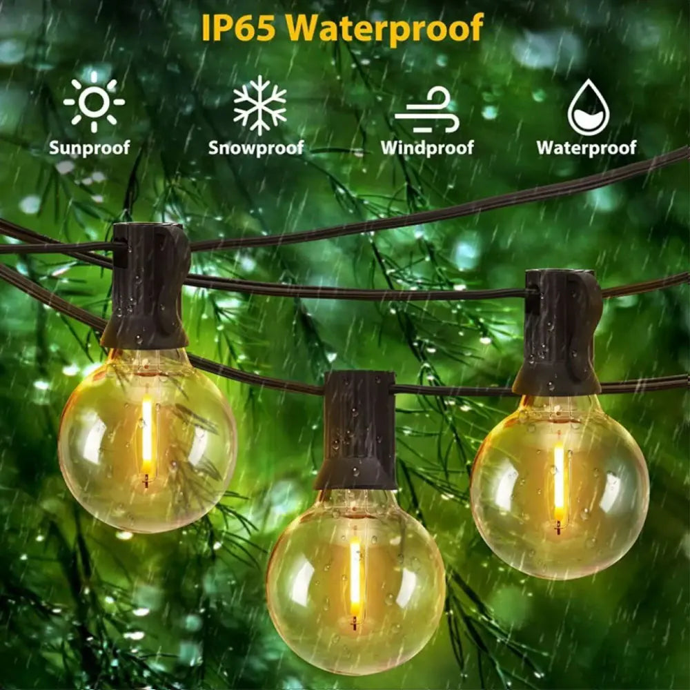 10M  20 LEDS  G40 Solar String Light, Harsh weather-resistant product withstands sun, wind, rain, and snow.