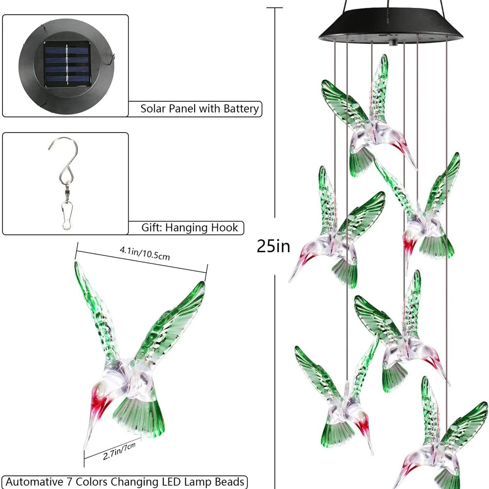 Color-changing LED wind chime with solar power and battery backup, 25 inches long.