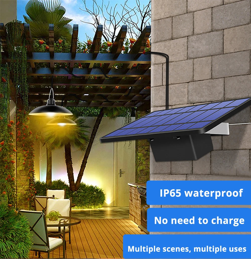 IP65 Waterproof Double Head Solar Pendant Light, Waterproof and recharge-free. Adjustable lighting scenes for various indoor and outdoor settings.