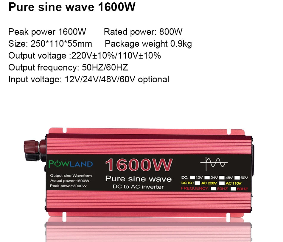 Pure sine wave inverter converts DC to AC power, offering 1600W peak and 800W rated power.