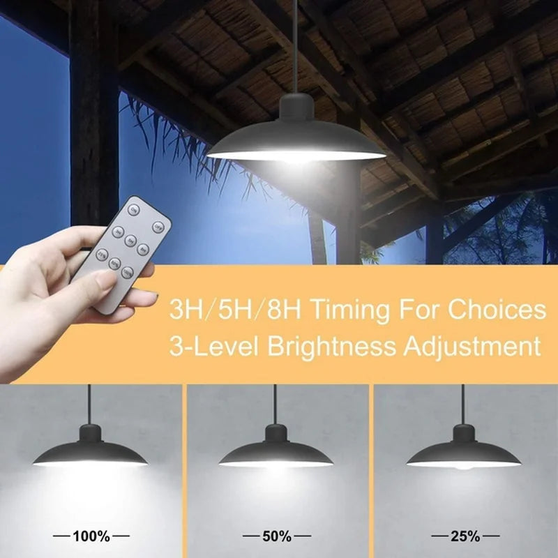 Solar Pendant Light, Adjustable brightness levels for customized ambiance: 100%, 50%, or 25% intensity.