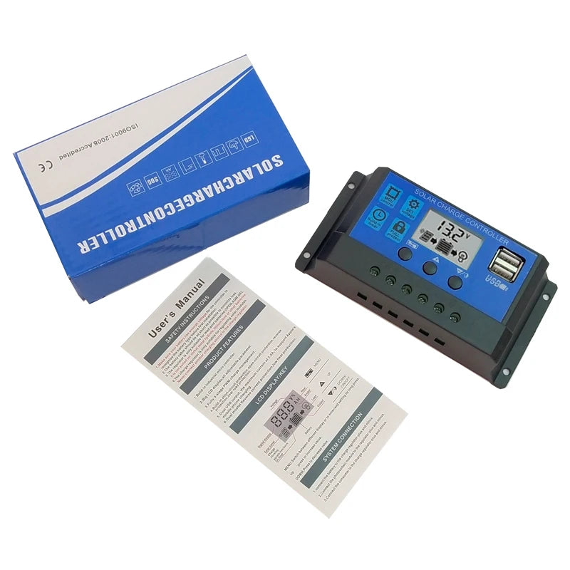 Solar PV Charge Controller, Solar charge controller for up to 30A, 12V/24V, LCD display, dual USB ports.
