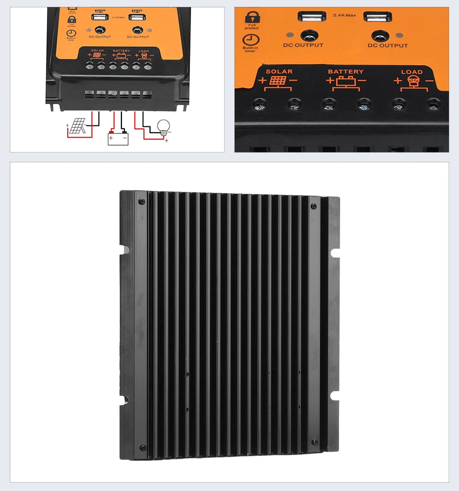 PowMr Solar Panel MPPT Solar Charge Controller, Features dual USB ports, LCD display, and adjustable output current for solar battery charging.