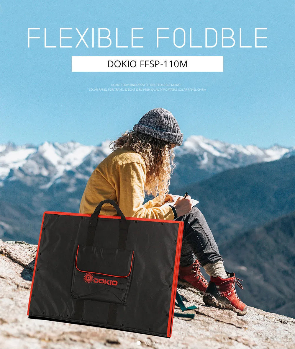 Dokio Flexible Foldable Solar Panel, Portable solar panel kit for travel, phone charging, and boat use with high efficiency and various wattage options.