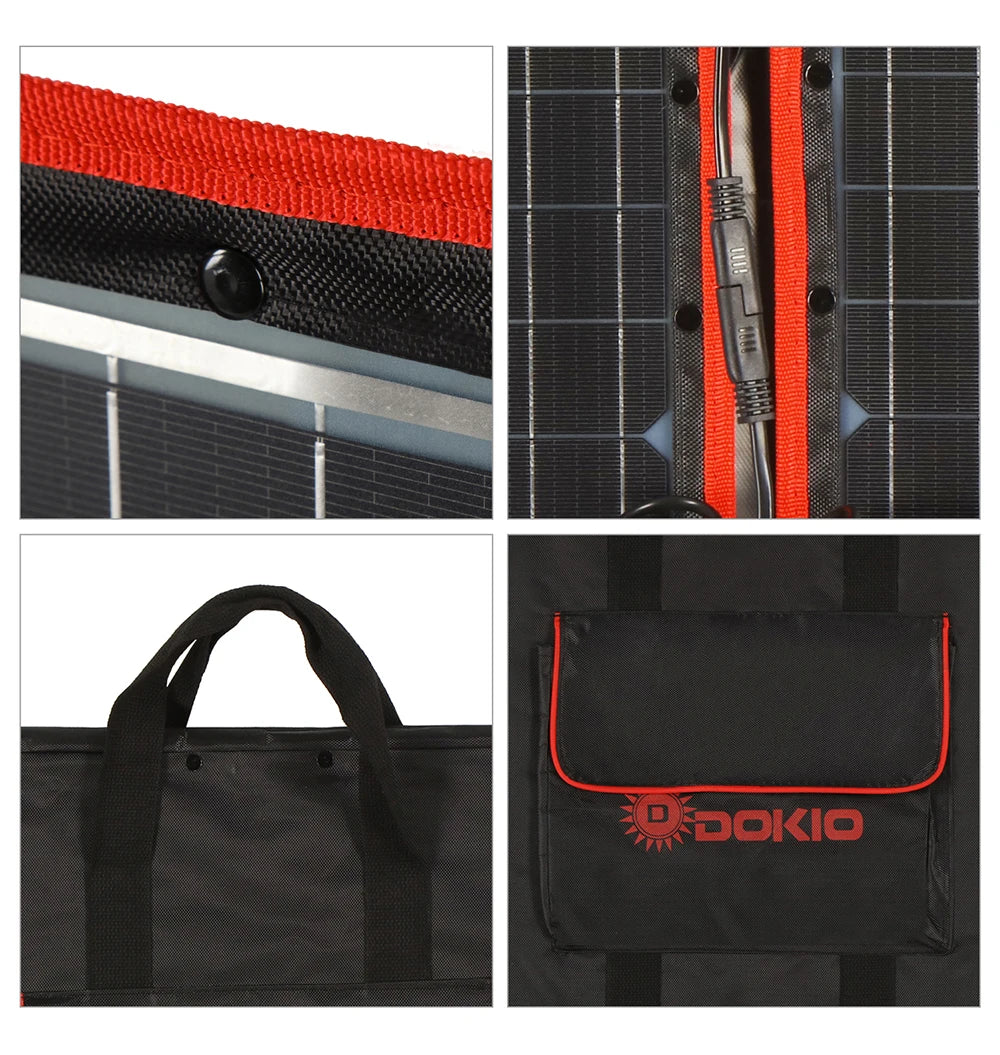 Dokio Flexible Foldable Solar Panel, High-efficiency and stable performance ensured by using high-quality silicon materials.