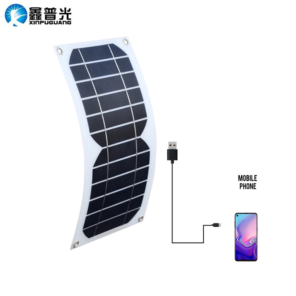 5W Solar Charger Flexible Solar Panel, Solar Panel Charger Specifications: 12V DC output, 5V USB, 280x155x3mm size, and more.