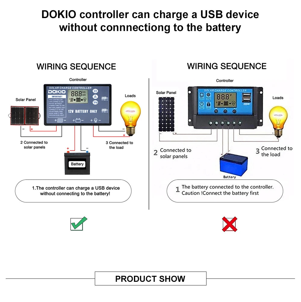Connect solar panels to battery before charging USB devices with Dokio controller.