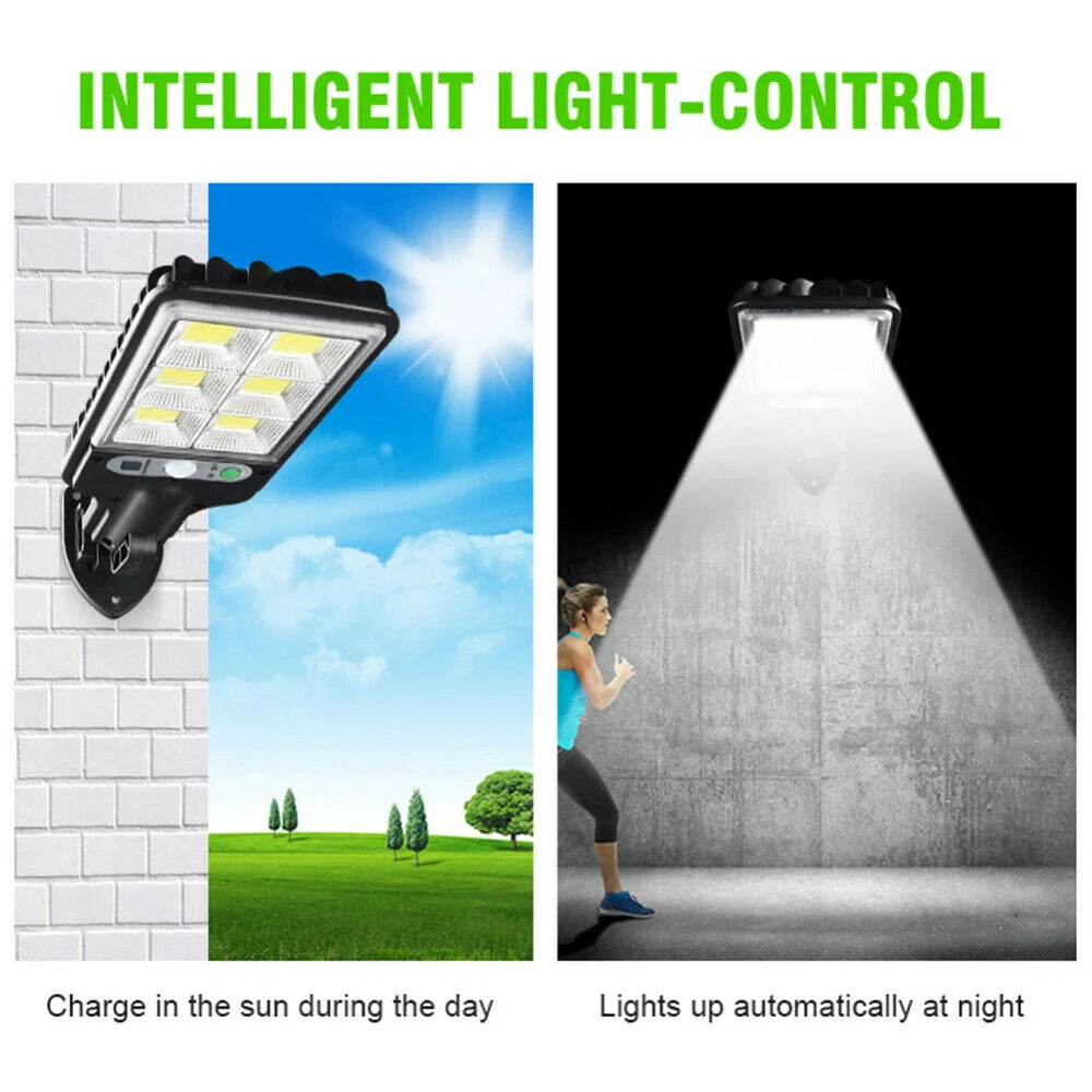 Super Bright Solar Street Light, Solar-powered lights automatically illuminate outdoor spaces at night, with adjustable brightness modes.