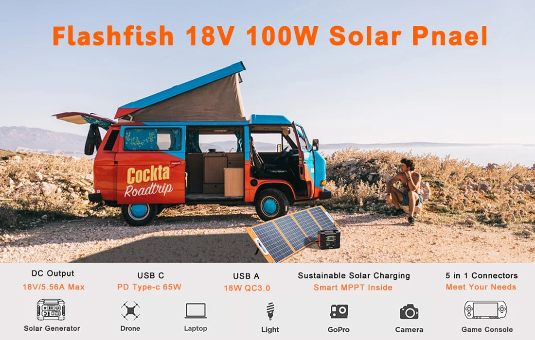 FlashFish Solar Panel, 100W solar charger with smart MPPT tech for fast charging on-the-go.