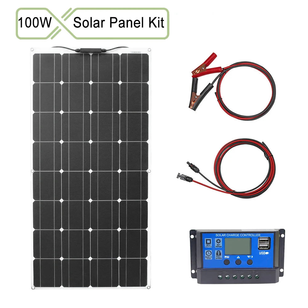 12v flexible solar panel, Portable solar panel kit charges boats, cars, RVs, and batteries with built-in controller.