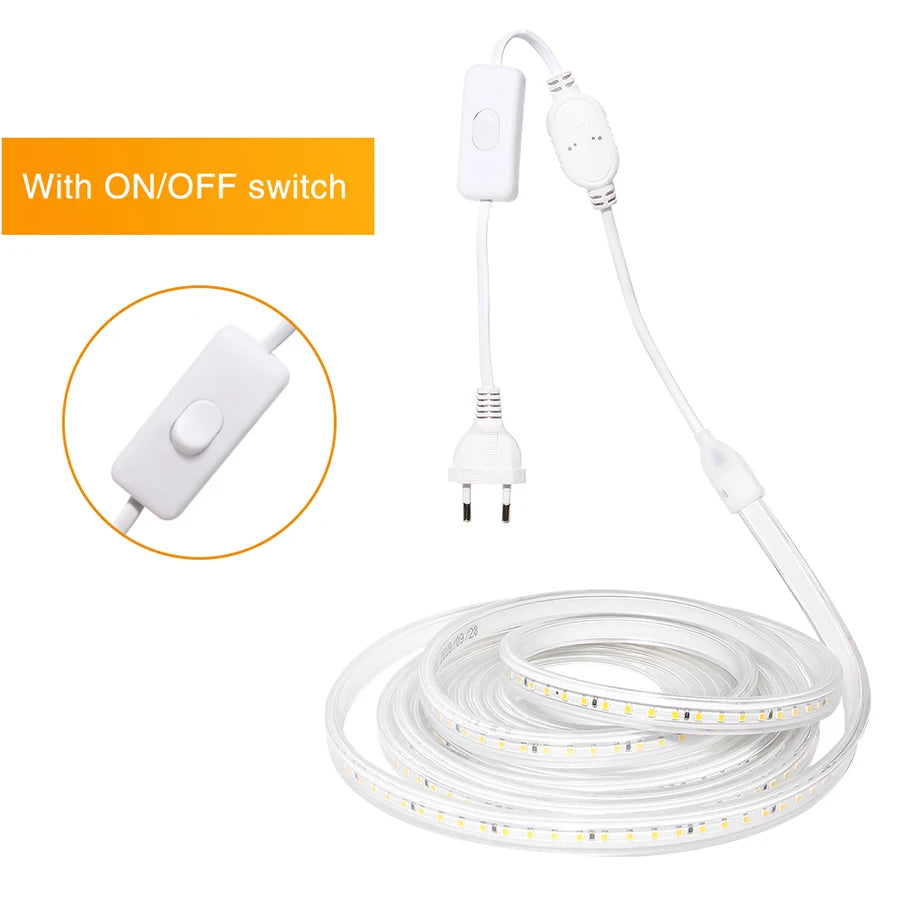 Waterproof LED strip light with switch, 220V, high brightness, flexible, and suitable for kitchen, outdoor, and garden use.