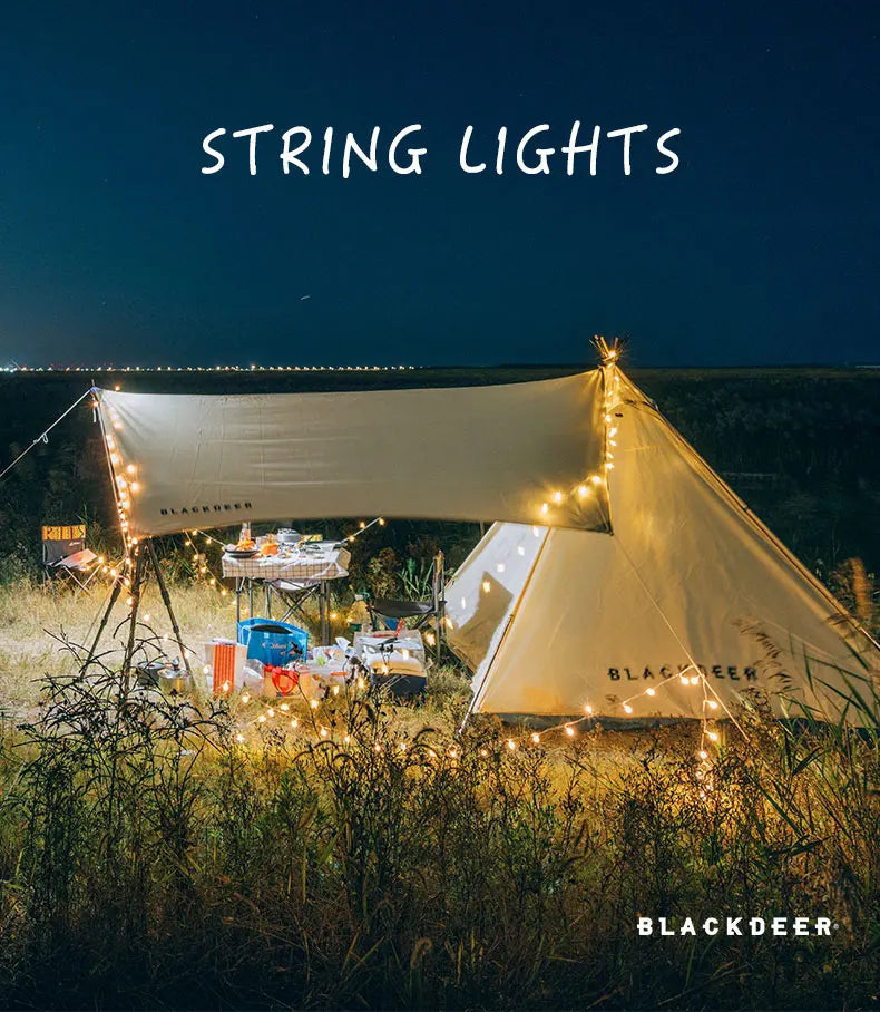 BLACKDEER Solar String Light, Waterproof solar-powered string lights with crystal globe LEDs for camping and outdoor use.