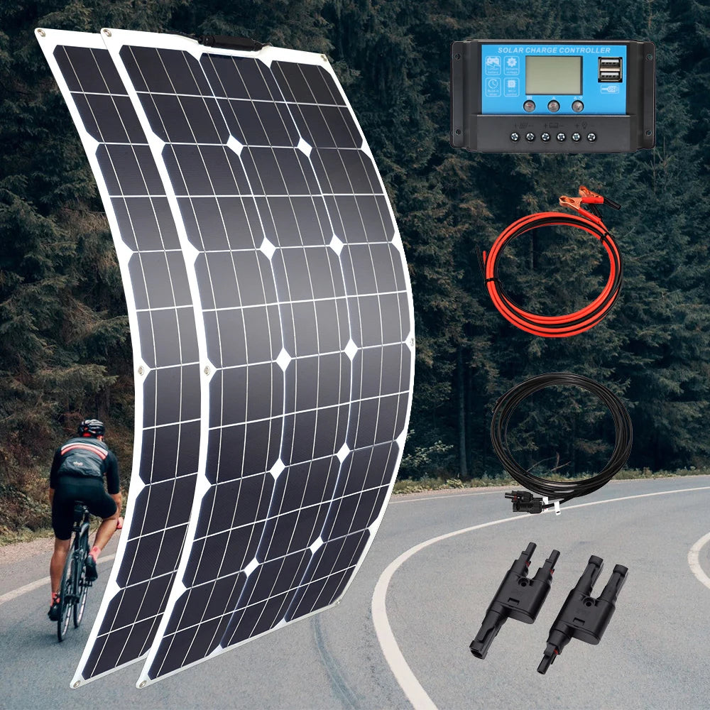 100w 200w 300w 400w Flexible Solar Panel, High-efficiency solar panel with PWM controller for RVs, boats, cars, and homes, charging 12V/24V batteries.