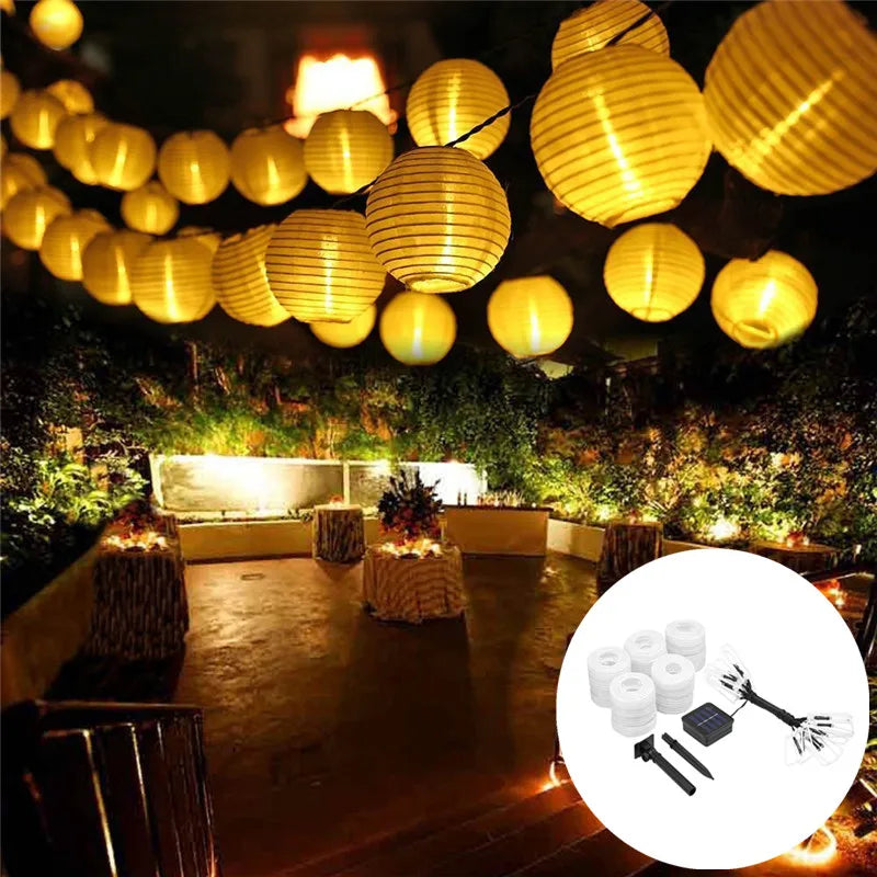 Solar Garland Lantern Festoon Fairy Led Light, Solar-powered LED lantern string lights with adjustable length and brightness, perfect for outdoor and indoor decorations.