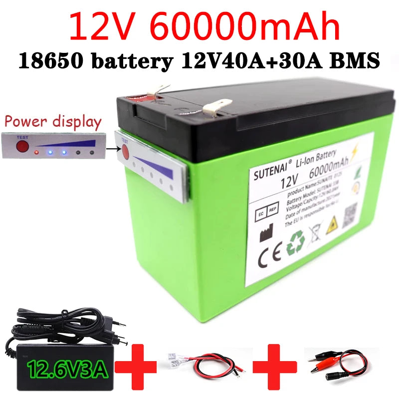 New 12v 60Ah 18650 lithium battery, Lithium battery pack for solar energy and EVs with 12V/60Ah capacity and included 12.6V/3A charger.