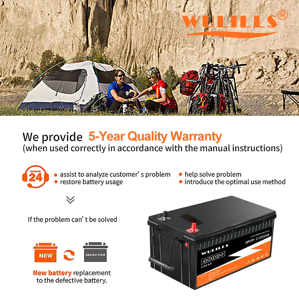 New 24V 100Ah 120Ah LiFePO4 Battery, Reliable 5-year warranty with personalized support for issue resolution and replacement of defective batteries.