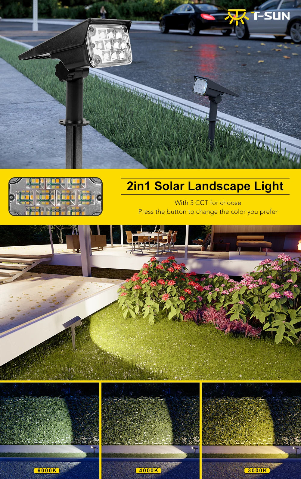 1/2/4PCS Solar Power Light, Adjustable solar landscape light with 3 color temperature options and a press-button color changer.