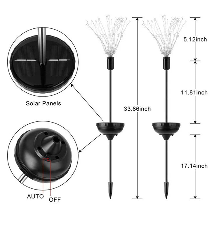 Outdoor Solar LED Firework Fairy Light, Compact design with solar panels, LED lights, and auto-off feature for energy efficiency.