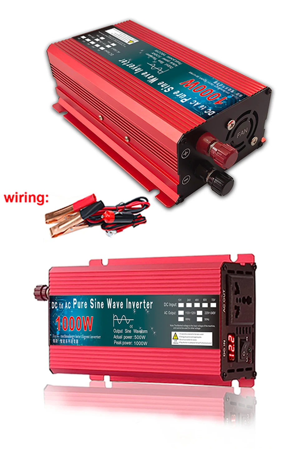 Pure sine wave inverter with DC input and AC output for solar panels, LED lighting, and more.