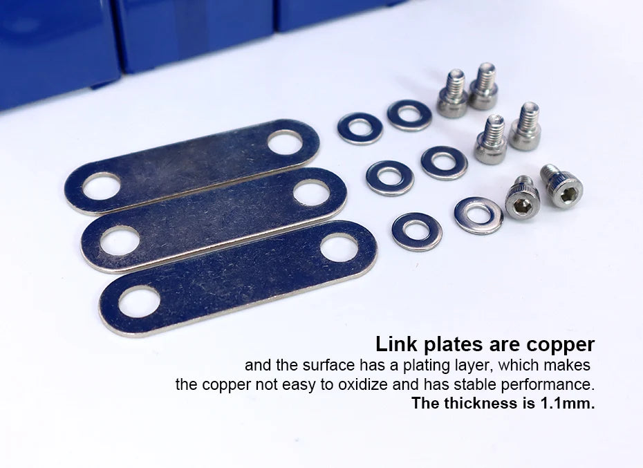 Liitokala 3.2V 105Ah LiFePO4 battery, Stable copper link plates with plated surface prevent oxidation, ideal for reliable performance.