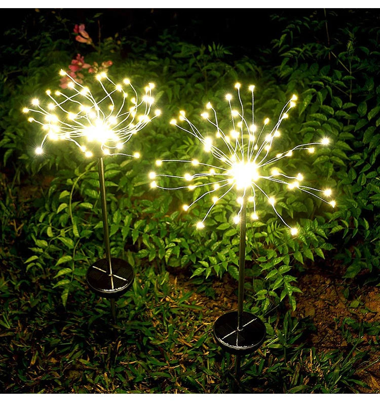 Outdoor Solar LED Firework Fairy Light, Solar-powered stake lights with automatic dusk-to-dawn switching, no wiring needed.
