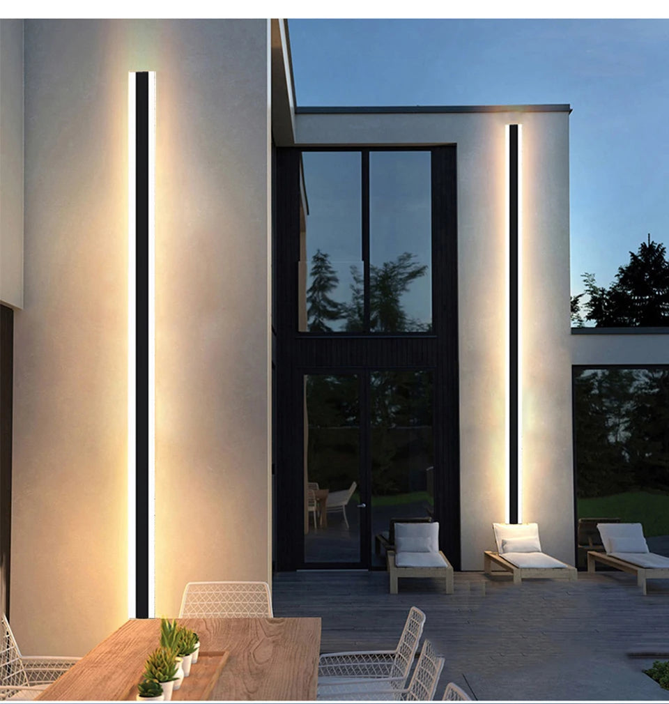 Sleek waterproof LED sconce light with aluminum body, perfect for modern gardens and porches.