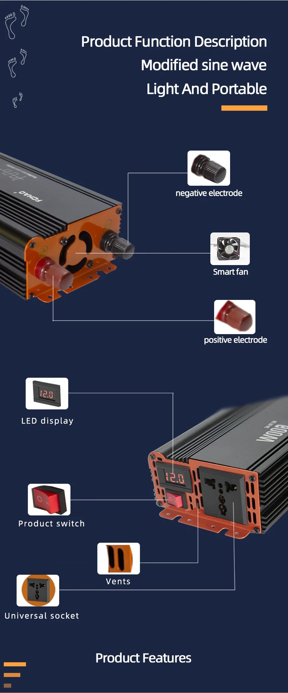 FCHAO 1000W Ups Modified Sine Wave Inverter, Modified sine wave inverter with LED display, converts DC power (12V/24V) to AC power (220V) for car accessories and solar devices.