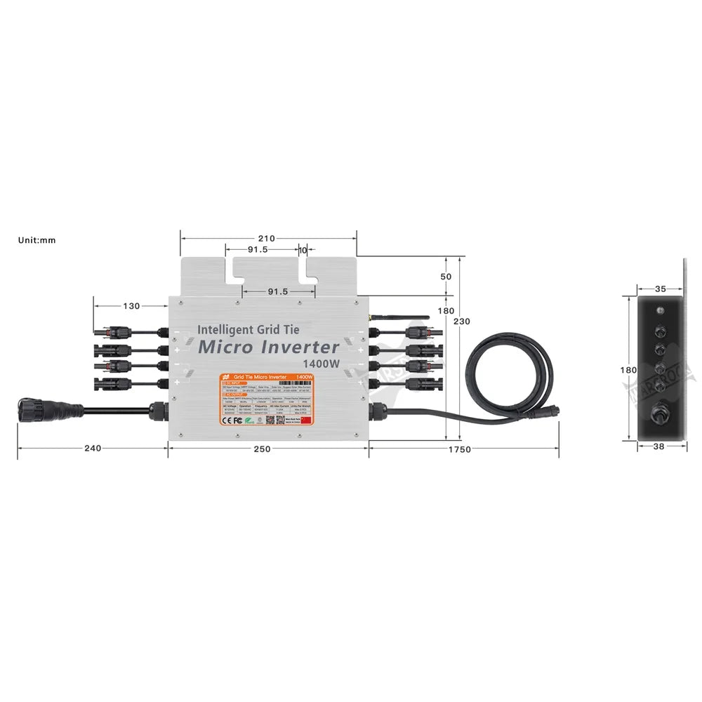 1400W IP65 Solar Grid Tie Micro Inverter, Solar micro inverter for 4 x 300W/350W panels, outputs 110V-220V AC.