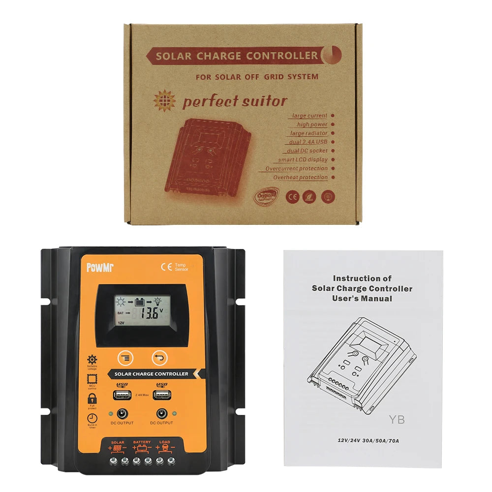 PowMr Mppt+PWM Solar Charge Controller, Smart solar controller for off-grid systems with features like dual USB ports and LCD display.