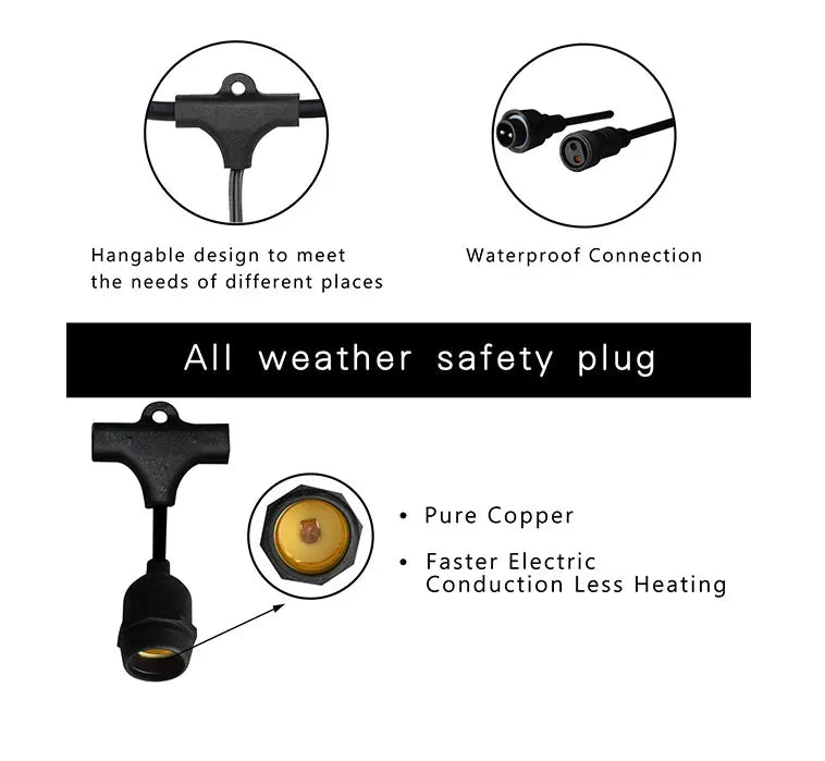 Outdoor-rated waterproof cable with hanging strings and safe copper conduction for all-weather use.
