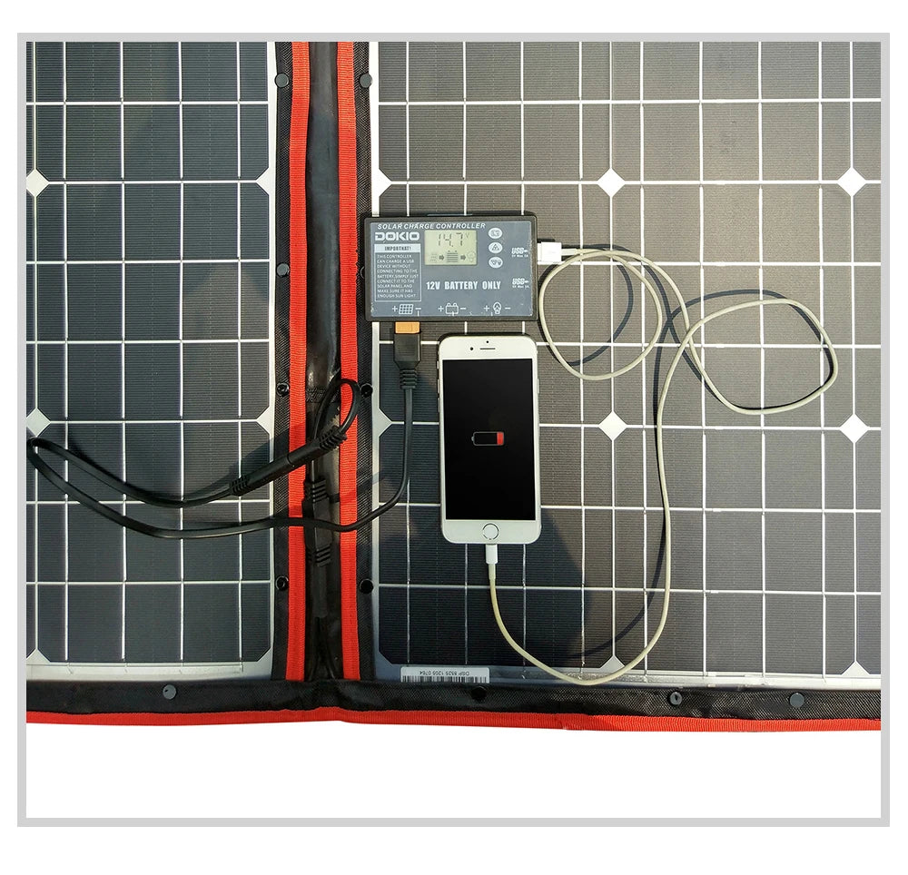 Charges 12V batteries with built-in controller, perfect for camping, travel, or off-grid power.