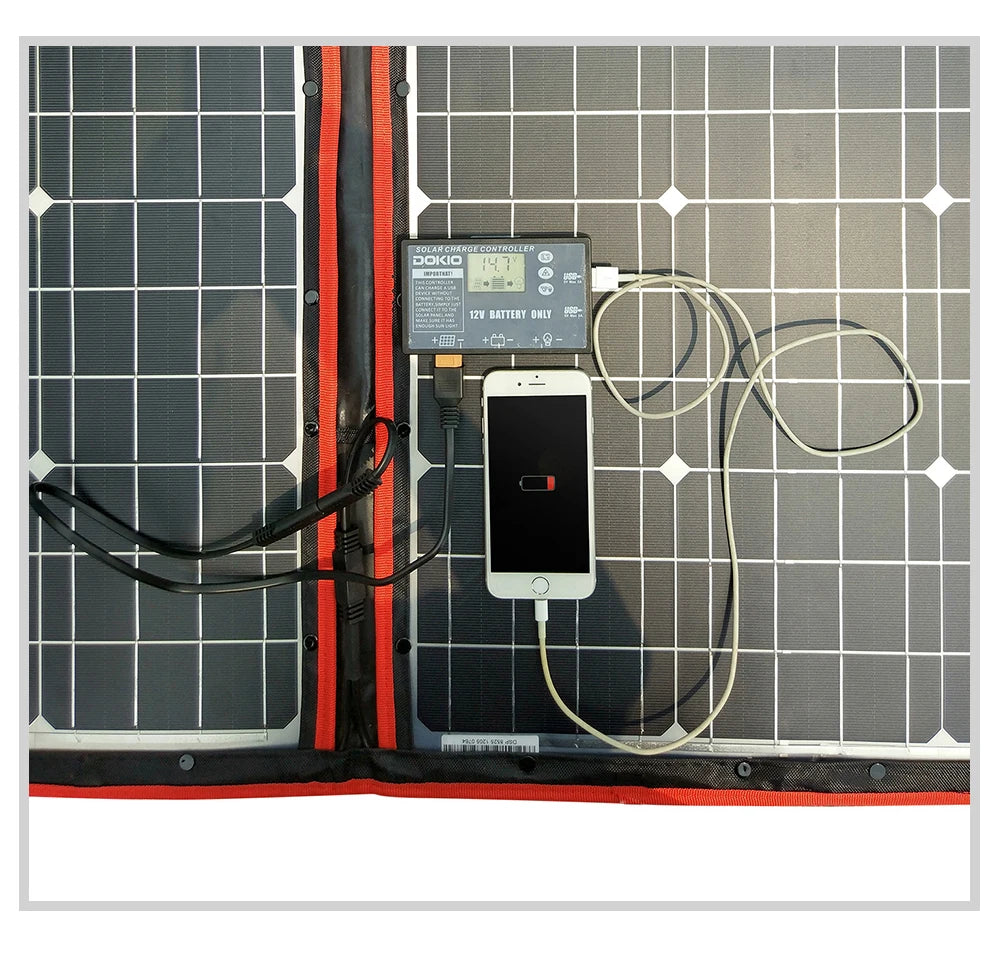 Dokio Flexible Foldable Solar Panel, Dokio's portable solar panel kit charges 12V batteries only.