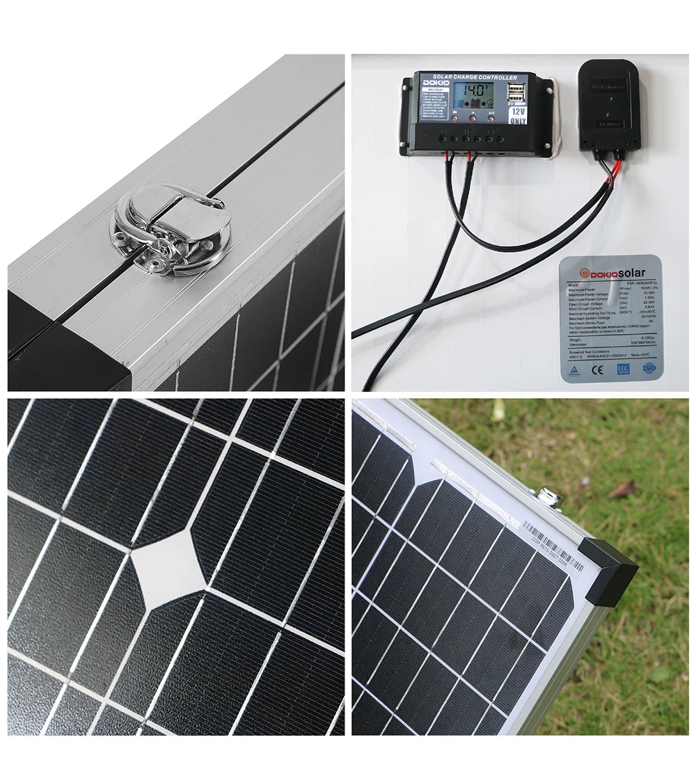 Dokio 100W Foldable Solar Panel, Portable solar charger with foldable panel and 10A controller for charging batteries outdoors.