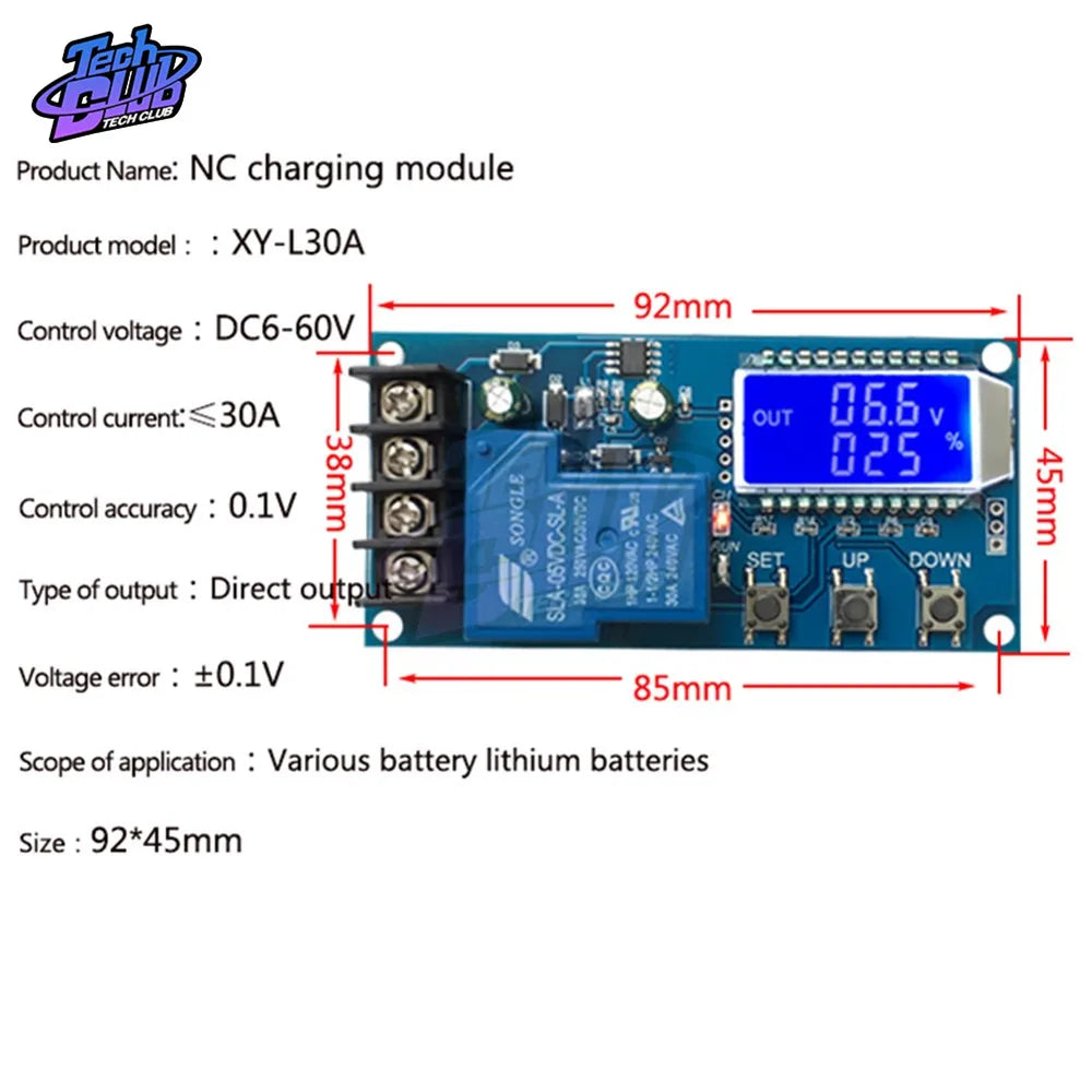 NC Charging Module (XY-LOOA): DC voltage and current controller with ±0.1V accuracy, suitable for various batteries.