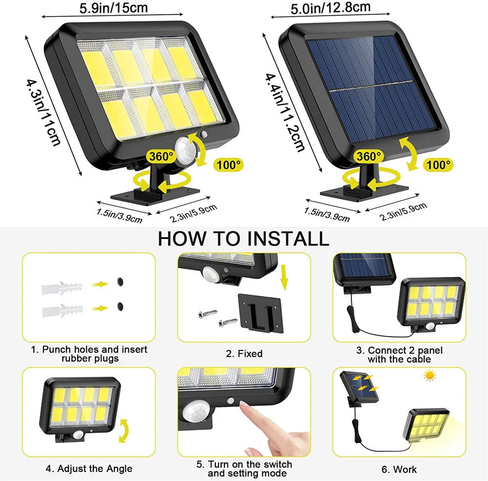 COB LED Solar Powered Light, Installation instructions for a device with dimensions 9cm x 15cm x 7cm.