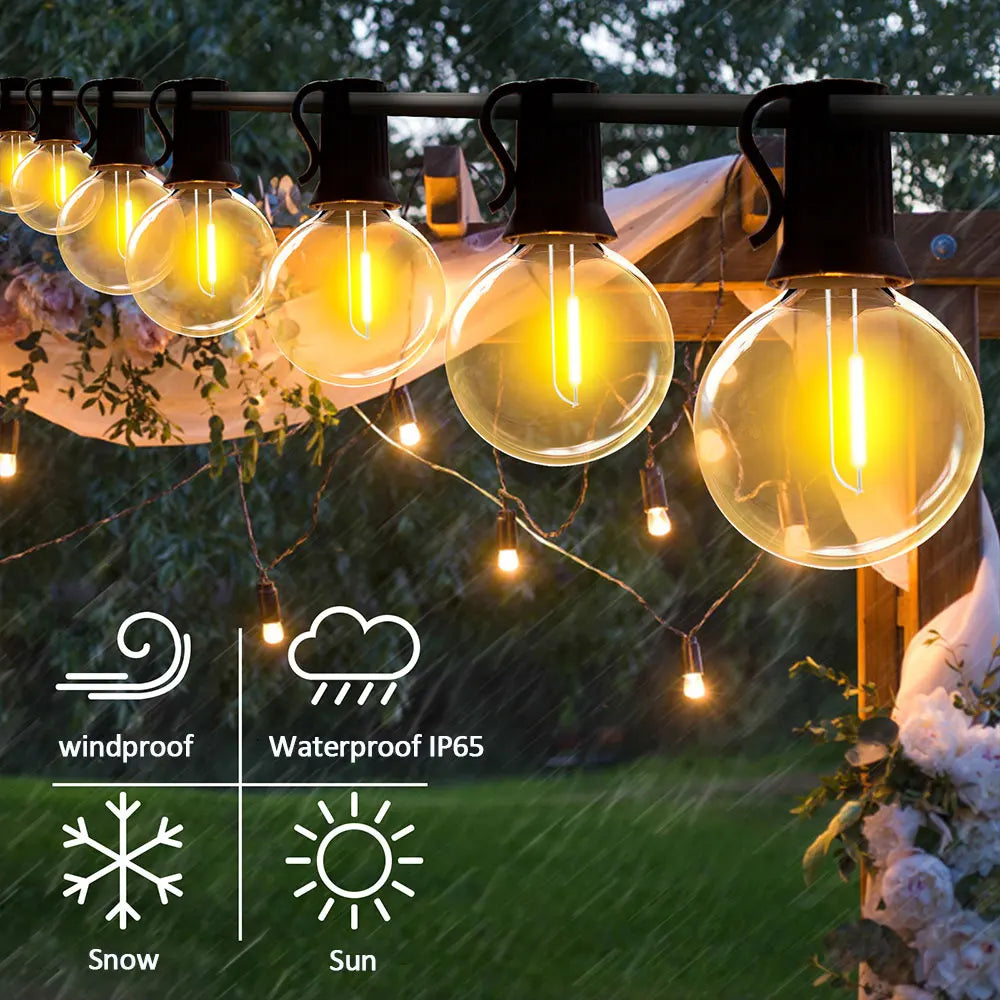 10M  20 LEDS  G40 Solar String Light, Water-resistant, windproof design with IP65 rating for outdoor use in sun or snow.
