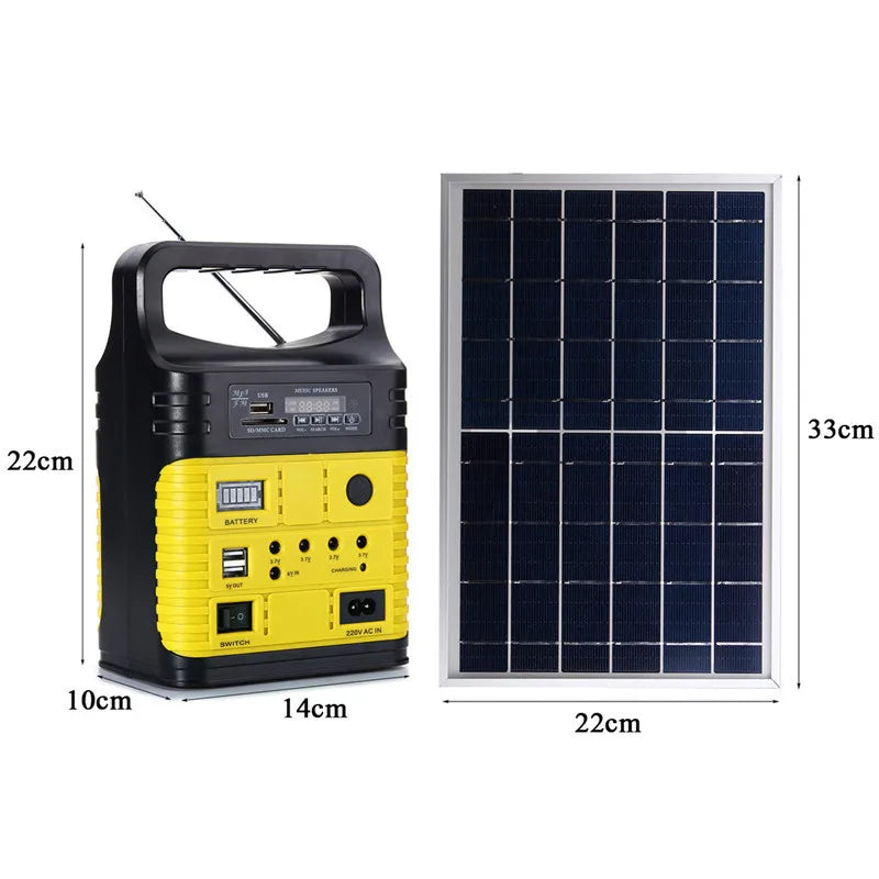 Compact portable solar generator with solar panel, battery, and LED lighting for outdoor use.