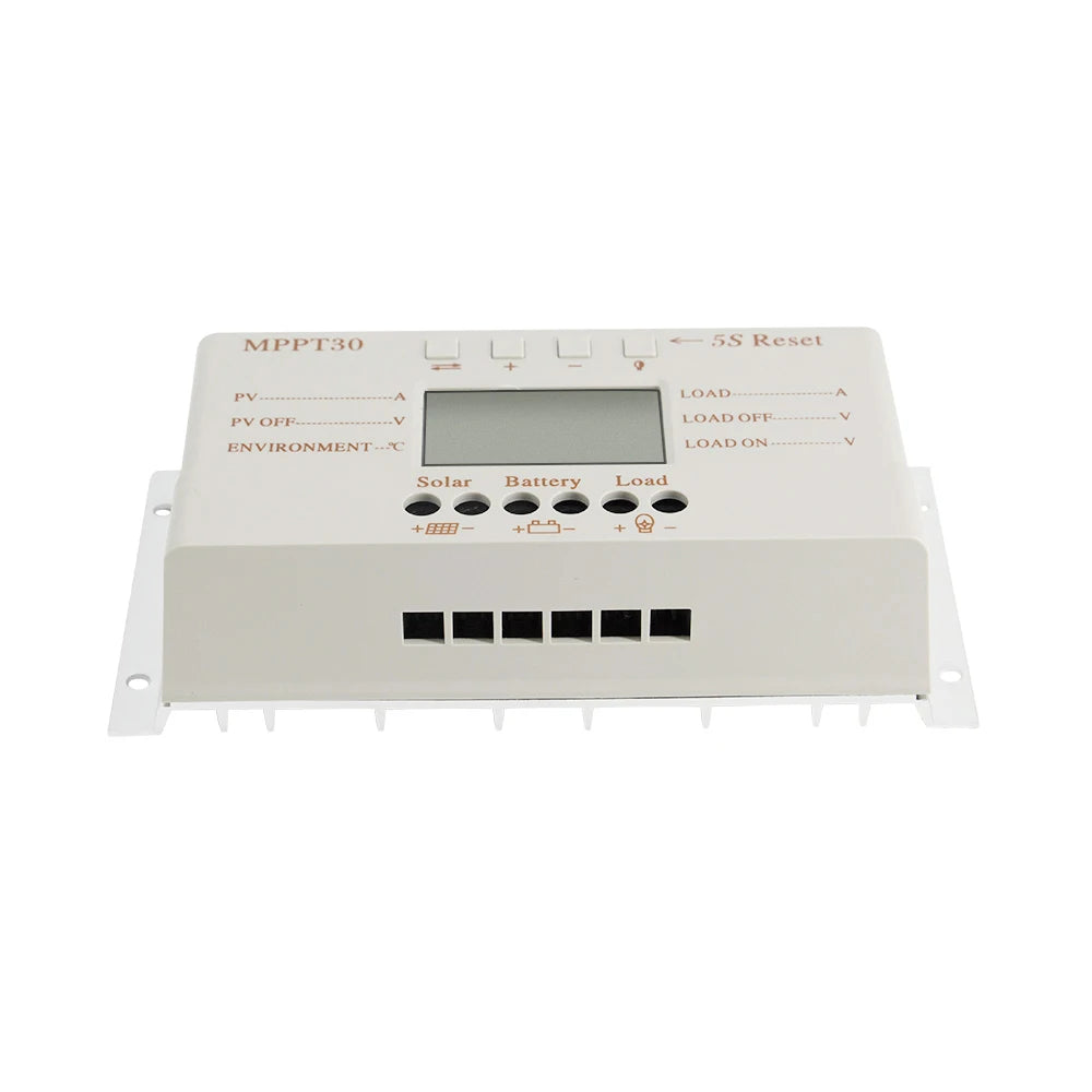 30A Solar Charge Controller, Solar charge controller for 12V/24V batteries with USB output and LCD display for maximum power point tracking.