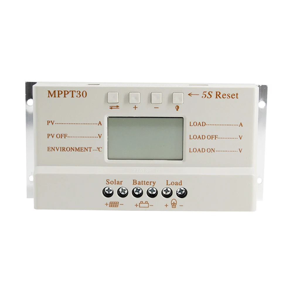 30A Solar Charge Controller, Solar charger for resetting MPPT30 settings: PV off, environmental conditions, battery charging, and load on.