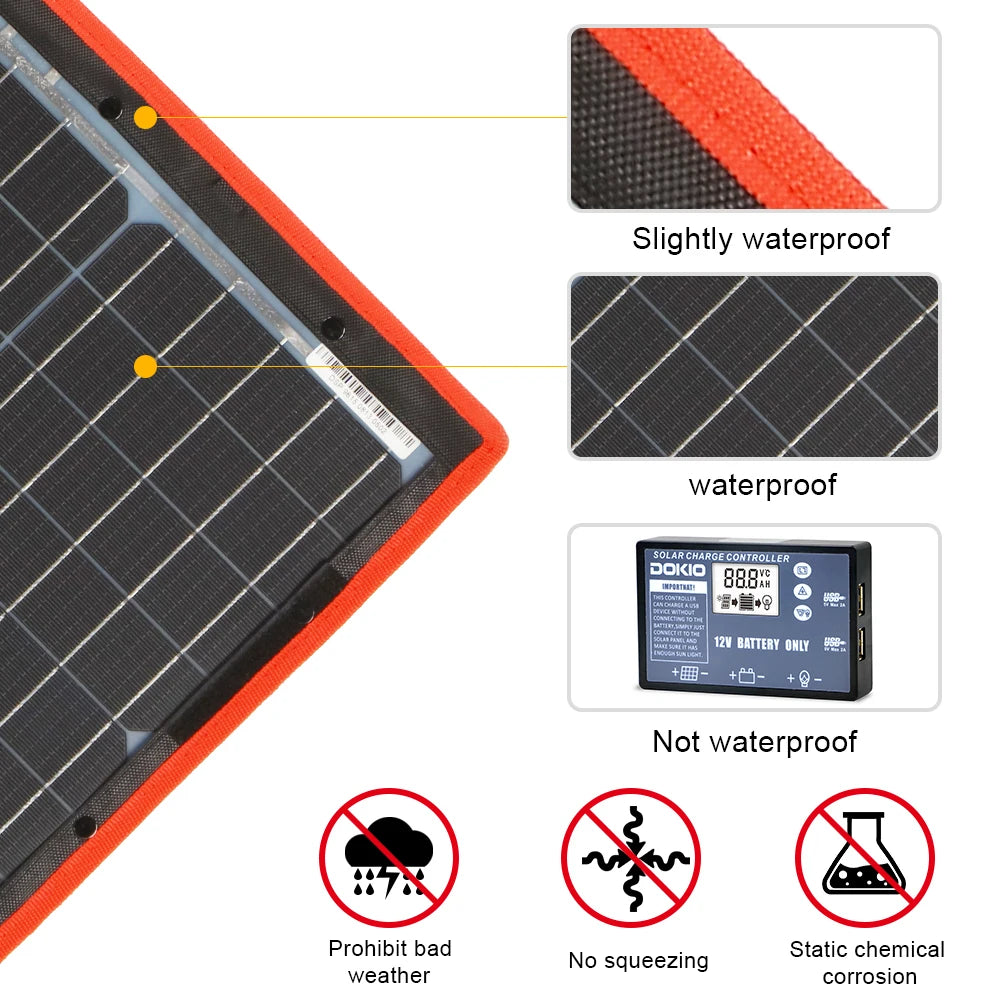 Dokio Flexible Foldable Solar Panel, Waterproof controller, 12V battery compatible, but not suitable for underwater or extreme weather use.