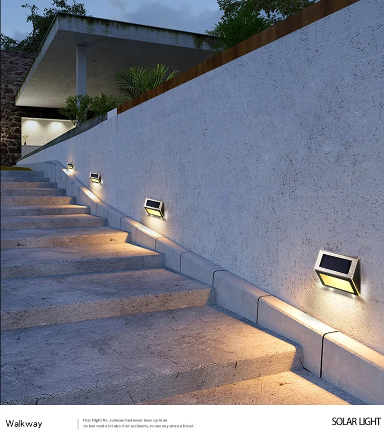 2pcs Solar Step Light, Solar-powered path lights for stairs and walkways with waterproof design and rechargeable LED lighting.