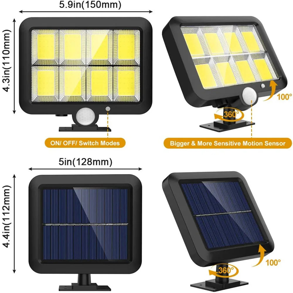 COB LED Solar Powered Light, Smart motion sensor with 5.9-inch range and adjustable settings for customized detection.