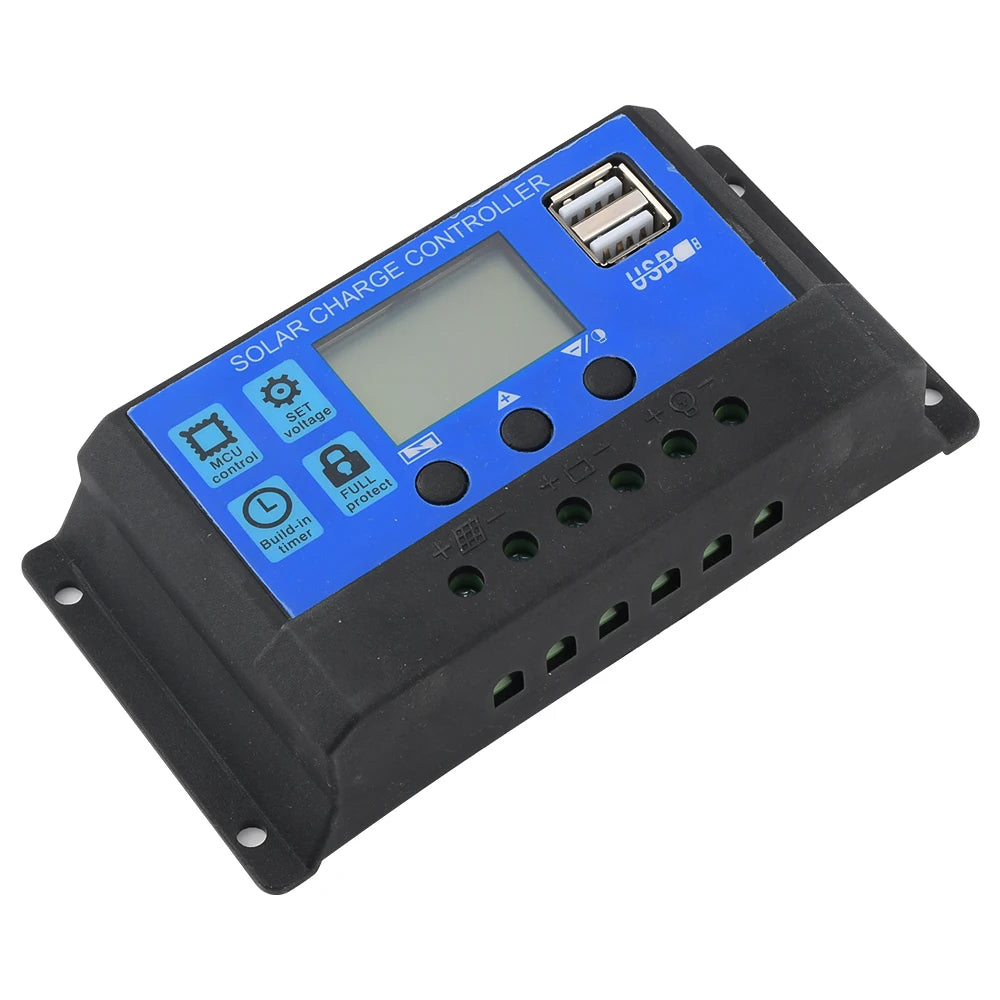 12V 24V PWM Solar Batteries Controller, Smart controller with USB charging, solar input, and adjustable temperature control, plus safety features like overcharge protection.